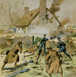 Attack by police and British troops on a farm occupied by the Sinn-Fein Attack by police and British troops on a farm occupied by the Sinn-Fein