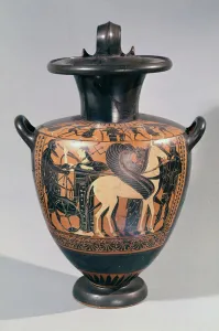 Attic black figure hydria depicting a departure scene, c.530-520 BC (pottery) Attic black figure hydria depicting a departure scene, c.530-520 BC (pottery)