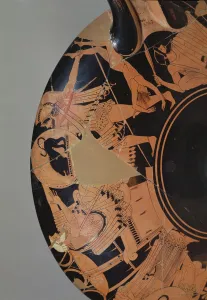 Detail of an attic red-figure cup depicting Neoptolemus trying to kill Priam with Detail of an attic red-figure cup depicting Neoptolemus trying to kill Priam with