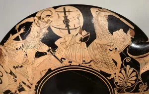 Attic red-figure cup depicting scenes from the Trojan War, c.490 BC (pottery) (detail) Attic red-figure cup depicting scenes from the Trojan War, c.490 BC (pottery) (detail)