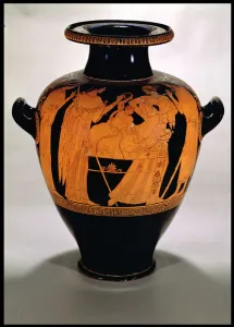 Attic red-figure stamnos depicting the Infant Herakles killing the snakes, from Vulci, Italy, c.500-480 BC (pottery) Attic red-figure stamnos depicting the Infant Herakles killing the snakes, from Vulci, Italy, c.500-480 BC (pottery)