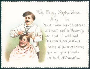 Barber Cutting Hair, Christmas Card (chromolitho) Barber Cutting Hair, Christmas Card (chromolitho)
