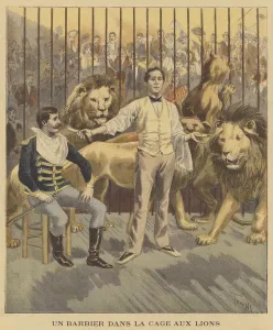 A barber in the lions cage (colour litho) A barber in the lions cage (colour litho)
