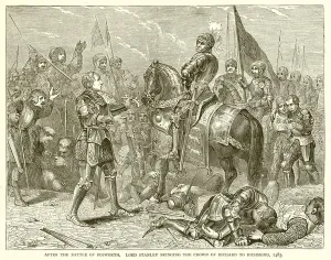 After the Battle of Bosworth. Lord Stanley bringing the Crown of Richard to Richmond, 1483 (engraving) After the Battle of Bosworth. Lord Stanley bringing the Crown of Richard to Richmond, 1483 (engraving)