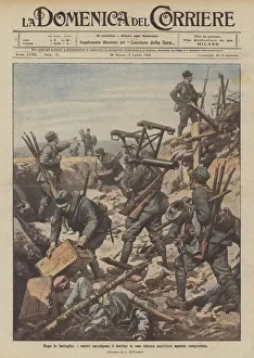 After the battle, our people collect the loot in a newly conquered Austrian trench (colour litho) After the battle, our people collect the loot in a newly conquered Austrian trench (colour litho)