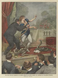 A beautiful Siberian snake charmer bitten by a python during a show in Alexandria (Piedmont) (colour litho) A beautiful Siberian snake charmer bitten by a python during a show in Alexandria (Piedmont) (colour litho)