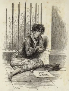 Beggar on the street with a sign reading I am Destitute (engraving) Beggar on the street with a sign reading I am Destitute (engraving)