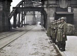 Belgian soldiers guarding a bridge during the occupation of the Rhineland demilitarised Belgian soldiers guarding a bridge during the occupation of the Rhineland demilitarised