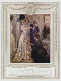 Belle Epoque Paris, Fashionable lady, trying on a dress (colour litho) Belle Epoque Paris, Fashionable lady, trying on a dress (colour litho)