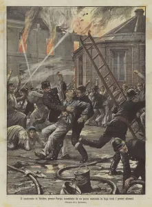 The Bicetre Asylum, near Paris, torched by a madman, fleeing all the poor alienated people (colour litho) The Bicetre Asylum, near Paris, torched by a madman, fleeing all the poor alienated people (colour litho)