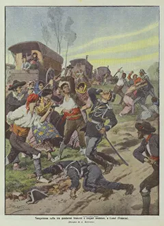 Bloody fight between French gendarmes and Andalusian gypsies, in Lunel (France) (colour litho) Bloody fight between French gendarmes and Andalusian gypsies, in Lunel (France) (colour litho)