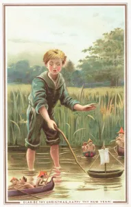 Boy sailing boat and watching Pixies, Christmas Card (chromolitho) Boy sailing boat and watching Pixies, Christmas Card (chromolitho)
