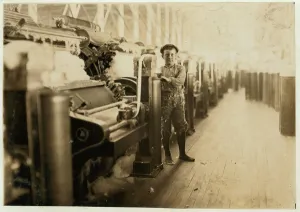 Boy sweeper by carding machines at Lincoln Cotton Mills, Evansville, Indiana in stockinged Boy sweeper by carding machines at Lincoln Cotton Mills, Evansville, Indiana in stockinged