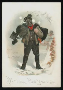 Two boys throwing snowballs at a chimney sweep, New Year's greetings card. (chromolitho) Two boys throwing snowballs at a chimney sweep, New Year's greetings card. (chromolitho)