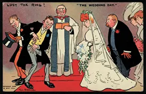 Bridegroom and best man unable to find the ring at a wedding (chromolitho) Bridegroom and best man unable to find the ring at a wedding (chromolitho)