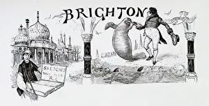 Prints of UIG3523576 Brighton beach; (add.info.: Woodcut illustration of a man on a beach dancing with a seal. Small sea creatures are shown in the foreground of the picture, on the shoreline) Brighton And Hove Prints: Woodcut Print of a Man Dancing with a Seal on Brighton Beach