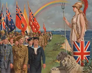 British and Empire military personnel and civilians involved in the war effort parading before Britannia (colour litho) British and Empire military personnel and civilians involved in the war effort parading before Britannia (colour litho)