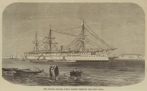 The British Frigate Jumna passing through the Suez Canal (engraving) The British Frigate Jumna passing through the Suez Canal (engraving)