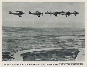 British Hawker Hardy light bombers of the RAF's No 30 Squadron flying over the River Euphrates, Iraq (b/w photo) British Hawker Hardy light bombers of the RAF's No 30 Squadron flying over the River Euphrates, Iraq (b/w photo)