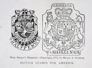 British stamps for America, 1765, pub. in Harper's Magazine in 1876, 1765 (litho) British stamps for America, 1765, pub. in Harper's Magazine in 1876, 1765 (litho)