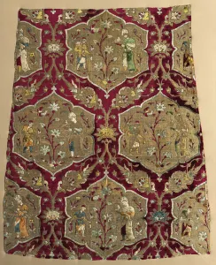Brocaded velvet with falconer and attendant in animated lattice Brocaded velvet with falconer and attendant in animated lattice