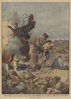 Bulgarian officer to whom a grenade kills the horse just abandoned to collect a child... (colour litho) Bulgarian officer to whom a grenade kills the horse just abandoned to collect a child... (colour litho)