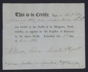 Burial certificate for the parish of St Margaret, Westminster, London, 1809 (litho) Burial certificate for the parish of St Margaret, Westminster, London, 1809 (litho)