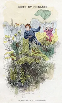 The butterfly race. Butterfly hunting scene: a boy followed by his sister runs with a net trying to catch the insect The butterfly race. Butterfly hunting scene: a boy followed by his sister runs with a net trying to catch the insect