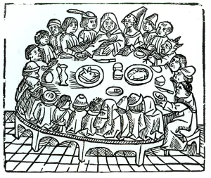 The Canterbury Pilgrims sitting down for a shared meal, illustration from Geoffrey The Canterbury Pilgrims sitting down for a shared meal, illustration from Geoffrey