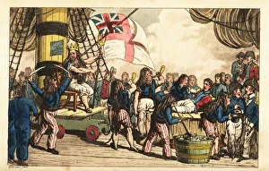Captain Newcome is shaved roughly before being dunked in a tub of bilge water on the Equator Captain Newcome is shaved roughly before being dunked in a tub of bilge water on the Equator