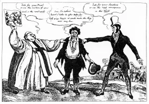 Cartoon of the Campaign for the County Clare By-Election, 1828 (engraving) Cartoon of the Campaign for the County Clare By-Election, 1828 (engraving)