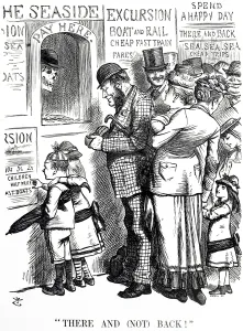 Cartoon commenting on the frequency of accidents on overcrowded excursion trains Cartoon commenting on the frequency of accidents on overcrowded excursion trains