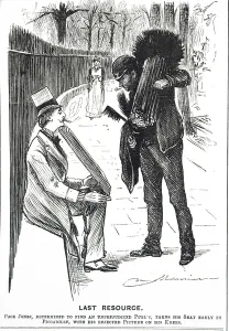 Cartoon depicting a chimney sweep and his brushes Cartoon depicting a chimney sweep and his brushes