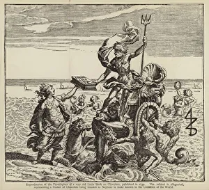 Casket of chocolate being handed to Neptune to be made known to the countries of the World (engraving) Casket of chocolate being handed to Neptune to be made known to the countries of the World (engraving)