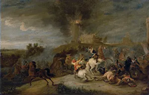 A cavalry skirmish with soldiers pillaging a village (oil on canvas) A cavalry skirmish with soldiers pillaging a village (oil on canvas)