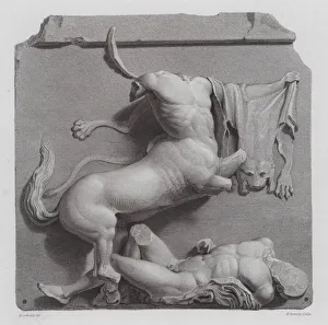 Centaur defeating a Greek warrior, ancient Greek marble sculpture from the Parthenon, Athens (engraving) Centaur defeating a Greek warrior, ancient Greek marble sculpture from the Parthenon, Athens (engraving)