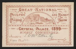 Certificate of commendation awarded to an exhibitor at the Great National Poultry, Pigeon and Rabbit Show Certificate of commendation awarded to an exhibitor at the Great National Poultry, Pigeon and Rabbit Show