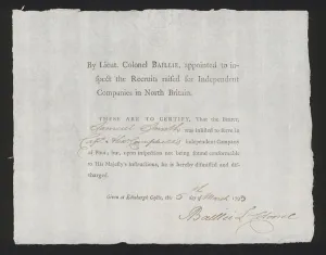 Certificate of discharge of a Samuel Smith from Captain Alexander Campbell's Independent Company of Foot Certificate of discharge of a Samuel Smith from Captain Alexander Campbell's Independent Company of Foot