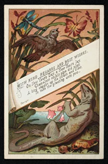 Chameleon with verse and a bird, New Year's greetings card. (chromolitho) Chameleon with verse and a bird, New Year's greetings card. (chromolitho)