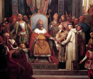 Charlemagne surrounded by his chief officers, received Alcuin, who introduced manuscripts Charlemagne surrounded by his chief officers, received Alcuin, who introduced manuscripts