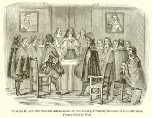 Charles II and the English Ambassadors at the Hague, arranging the Terms of his Restoration (engraving) Charles II and the English Ambassadors at the Hague, arranging the Terms of his Restoration (engraving)
