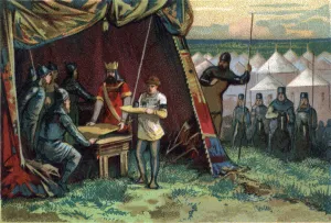 Charles II said Le Bald bought peace at silver price. Chromolithography around 1890 Charles II said Le Bald bought peace at silver price. Chromolithography around 1890
