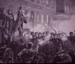 Chicago Haymarket Labor Riot of 1886, engraving published in Harper's Weekly Chicago Haymarket Labor Riot of 1886, engraving published in Harper's Weekly