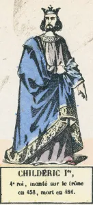 Childeric Ier, 4e roi, monte sur le trone en 458, mort en 481 (coloured engraving) Childeric Ier, 4e roi, monte sur le trone en 458, mort en 481 (coloured engraving)