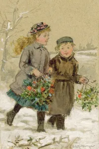 Children Playing in the Snow - Collecting Holly (w/c heightened with white on paper Children Playing in the Snow - Collecting Holly (w/c heightened with white on paper