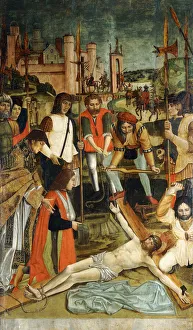 Christ nailed to the Cross with a Donor with his Arm in a Sling presented by a Priest Christ nailed to the Cross with a Donor with his Arm in a Sling presented by a Priest