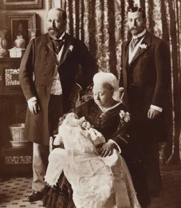 The christening of the future King Edward VIII, showing Queen Victoria, King Edward VII, and King George V (b/w photo) The christening of the future King Edward VIII, showing Queen Victoria, King Edward VII, and King George V (b/w photo)