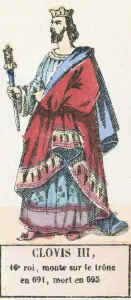 Clovis III, 16e roi, monte sur le trone en 691, mort en 695 (coloured engraving) Clovis III, 16e roi, monte sur le trone en 691, mort en 695 (coloured engraving)