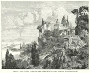 Coastline of the Bay of Naples from the ancient Roman town of Baiae, Cape Miseno, with Vesuvius in the distance (litho) Coastline of the Bay of Naples from the ancient Roman town of Baiae, Cape Miseno, with Vesuvius in the distance (litho)