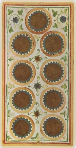The Nine of Coins, facsimile of a tarot card from the Visconti deck The Nine of Coins, facsimile of a tarot card from the Visconti deck
